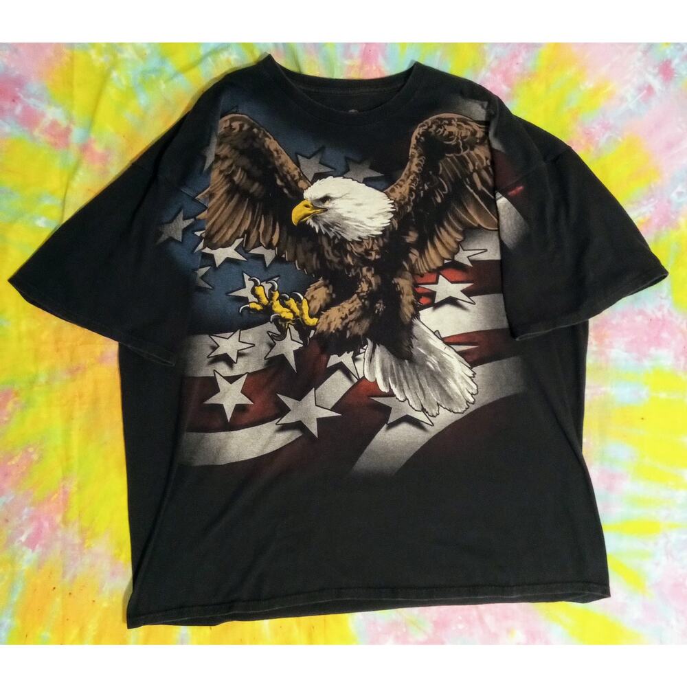 VTG Liquid Blue American Eagle Flag Tee Shirt USA Patriotic Graphic Shirt SZ 3XL